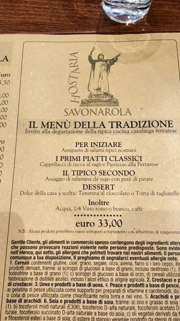 Menù Hostaria Savonarola